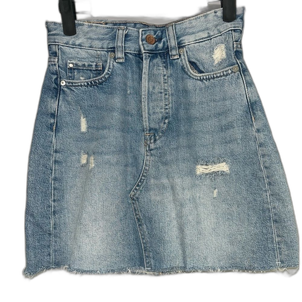 & Denim Womens Distressed Raw Hem Mini Jean Skirt Size 4